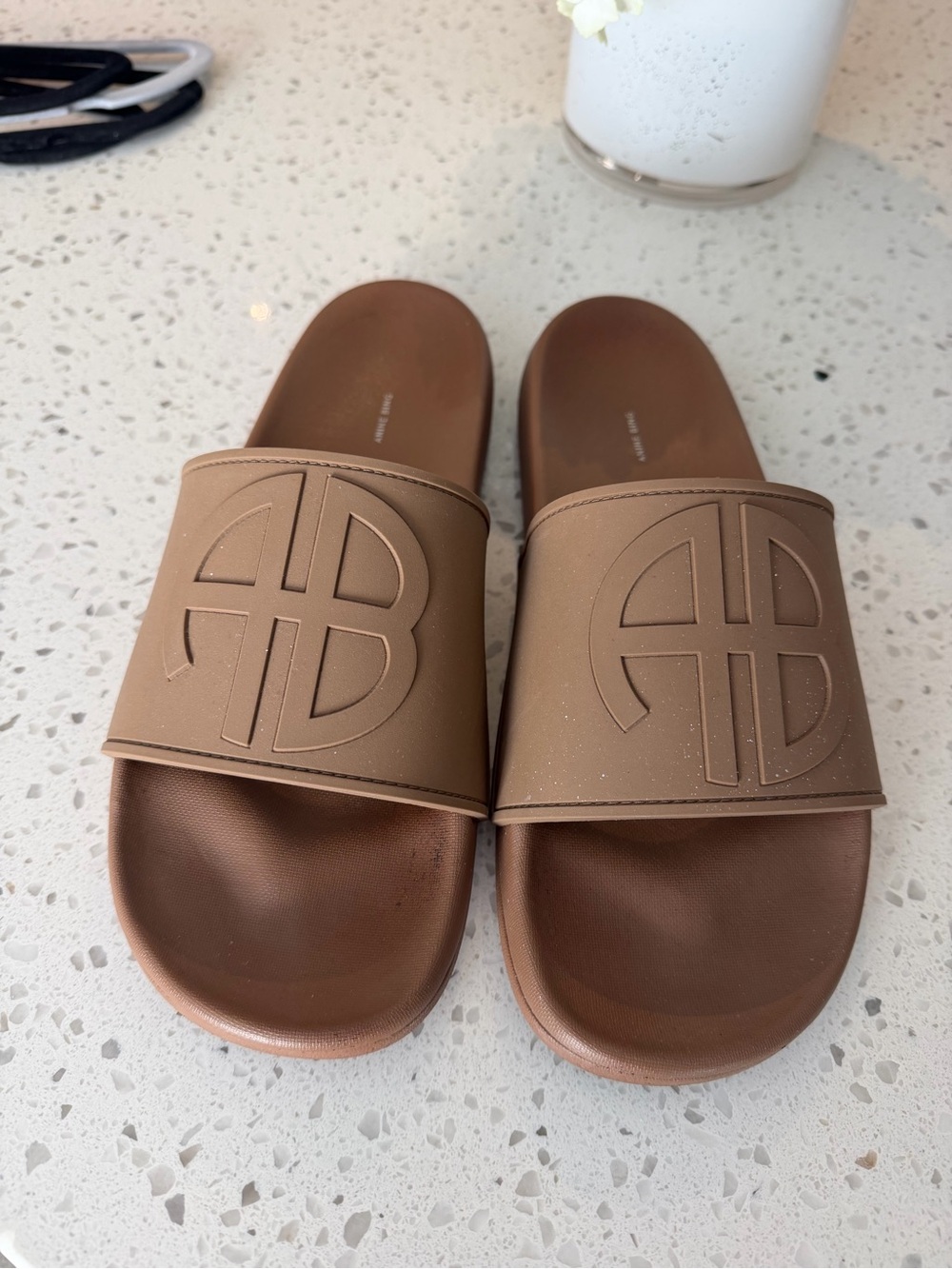 ANINE BING AB Bronze Tan Slide Sandals with Embossed Logo